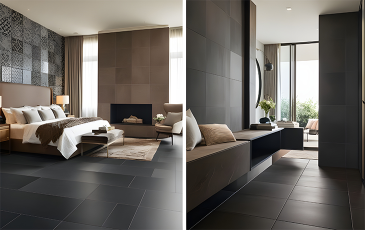 Living room with stylish wall tiles and luxurious Matte Porcelain floor tiles, hinting at outdoor applications